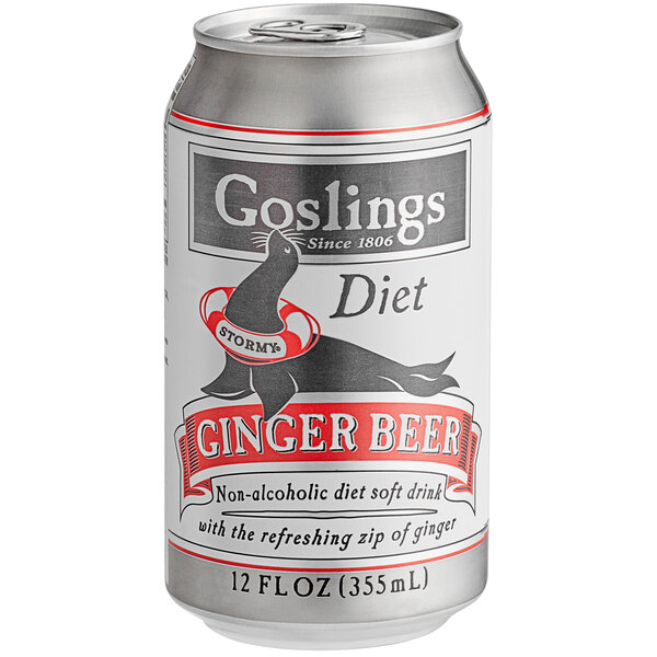 A pack of 6 Goslings Diet Ginger Beer cans on a bar counter.