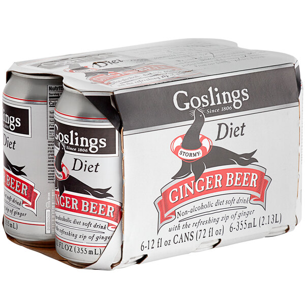 A 6-pack of Goslings Diet Ginger Beer cans.