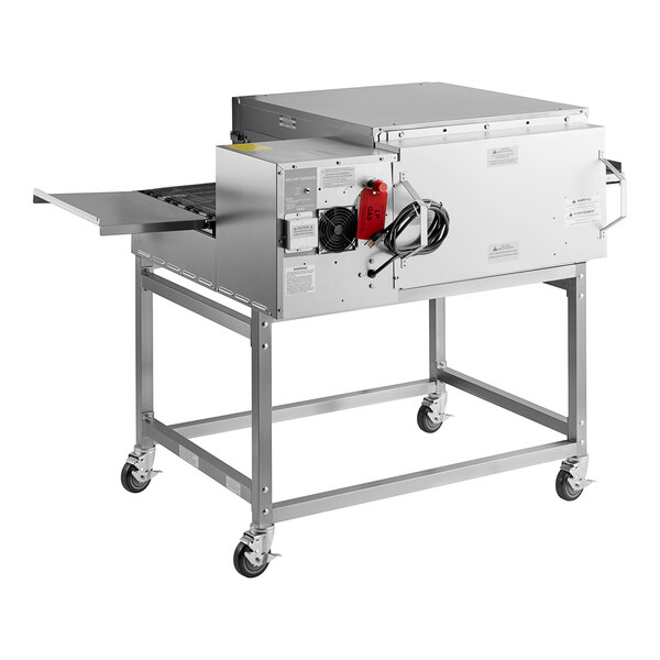 A Lincoln Impinger II liquid propane conveyor oven on wheels with a door open.