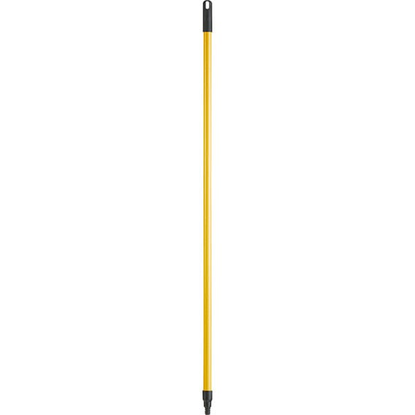A close up of a yellow and black Lavex broom handle.