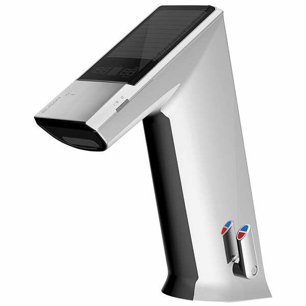 A silver Sloan touchless faucet with a side mixer.