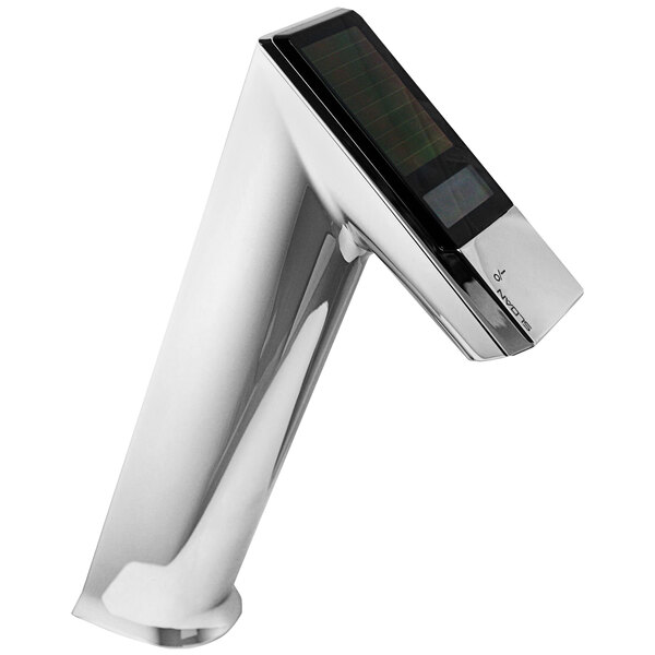 A Sloan polished chrome hands-free faucet with a solar panel and screen.