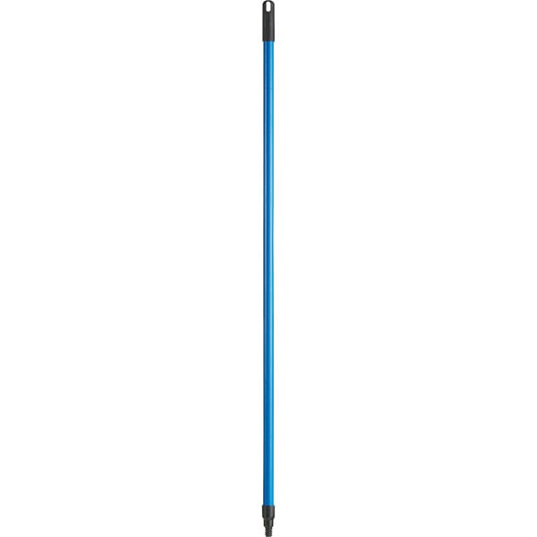 A blue broom handle with a black tip.