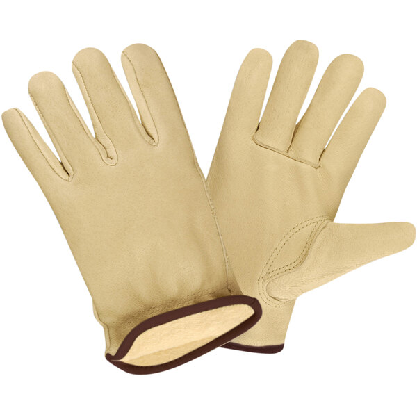 A pair of tan Cordova pigskin leather driver's gloves.