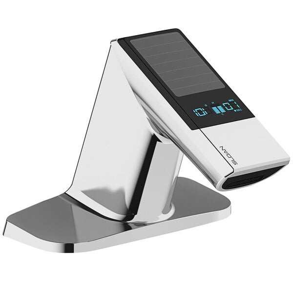A Sloan polished chrome hands-free faucet with a solar panel.