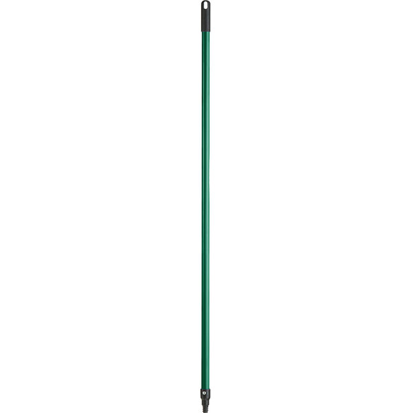 A long green metal pole with a black handle.