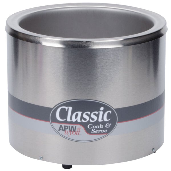 An APW Wyott stainless steel round cooker/warmer with a logo on it.