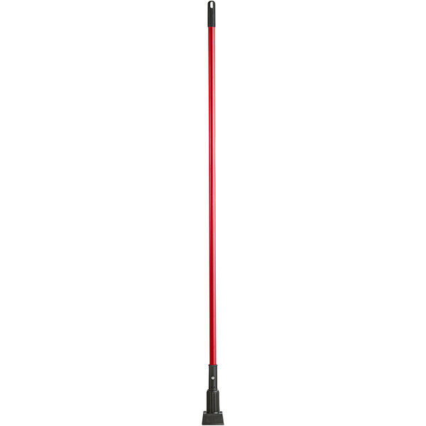 A long red Lavex metal mop handle with black jaw style pieces.