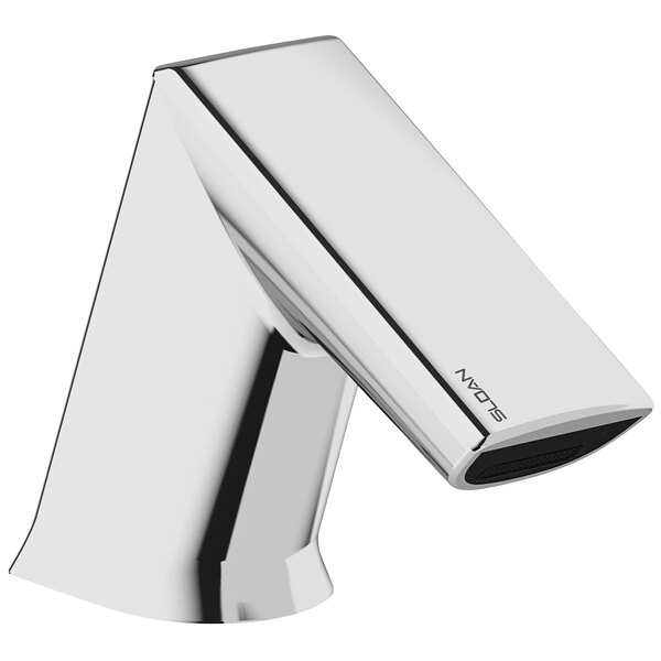 A silver faucet with a black spout.