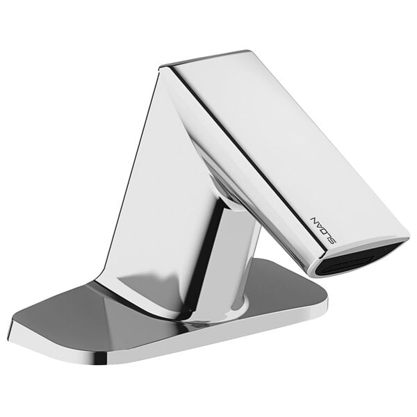 A close-up of a Sloan polished chrome deck mounted sensor faucet with a black spout.