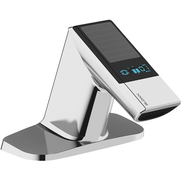 A Sloan polished chrome double sensor faucet with a solar panel.