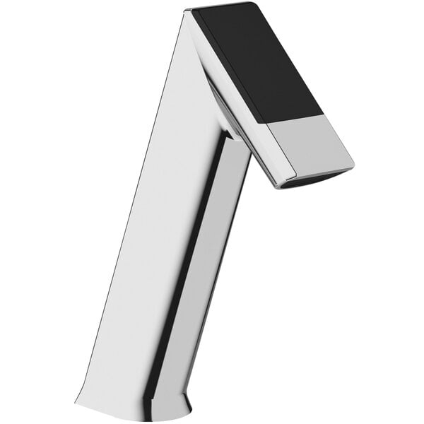 A silver Sloan solar powered deck mounted double sensor faucet with black accents.