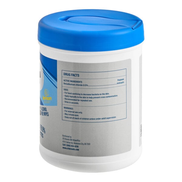 A white canister with a blue lid containing hand sanitizing wipes, featuring a label with drug facts and usage instructions.