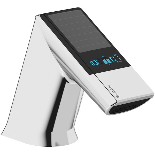 A Sloan polished chrome hands-free faucet with solar panels.