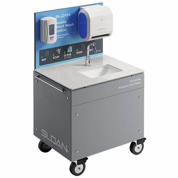 A Sloan mobile handwashing station with a soap dispenser on wheels.