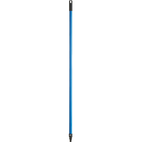 A blue metal pole with a black handle.