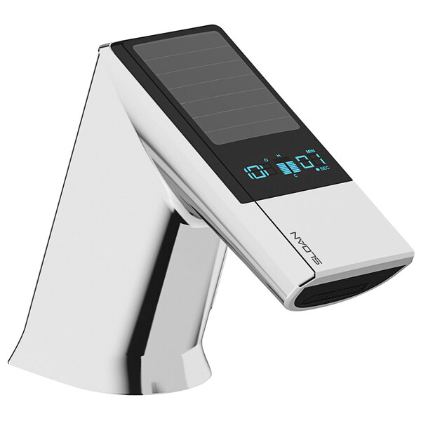 A Sloan polished chrome hands-free double sensor faucet with a solar panel.