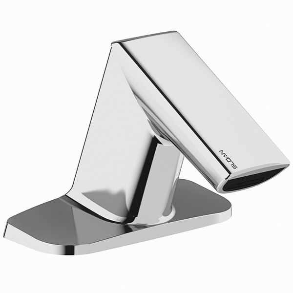 A silver Sloan BASYS deck-mounted faucet with a black stripe.