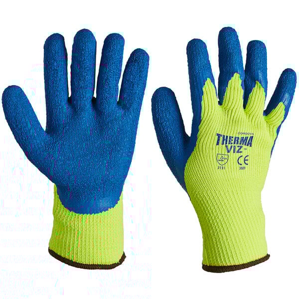 A pair of Cordova yellow thermal gloves with blue crinkle latex palms.