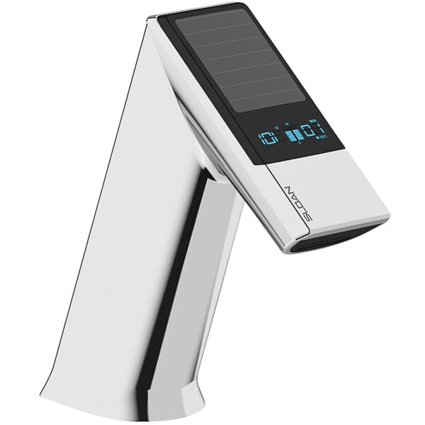 A Sloan polished chrome hands-free faucet with a solar panel.