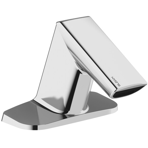 A close-up of a Sloan polished chrome hands-free faucet with a black spout.