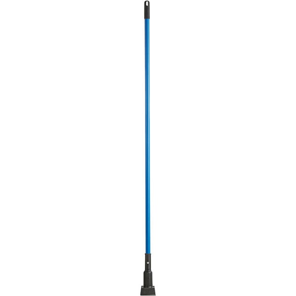 A blue metal Lavex mop handle with a black jaw style handle.