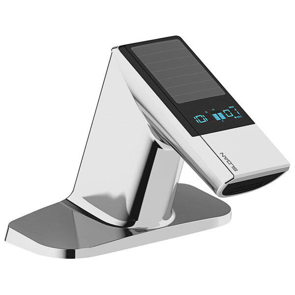 A Sloan polished chrome hands-free double sensor faucet with a solar panel.