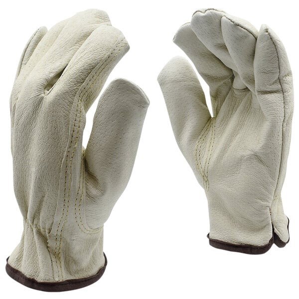 A pair of white Cordova Premium grain pigskin leather driver's gloves with red fleece lining.