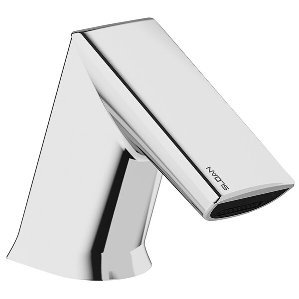 A silver Sloan BASYS deck mounted double sensor faucet with a black cover.