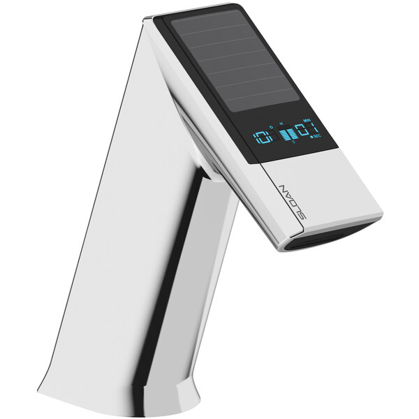 A Sloan polished chrome solar powered hands-free double sensor faucet on a counter.