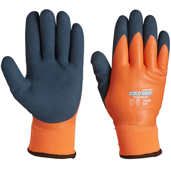 A pair of small Cordova orange thermal gloves with blue sandy latex palm coating on a white background.