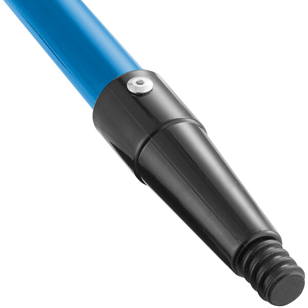 A blue and black threaded metal pipe with a black handle.