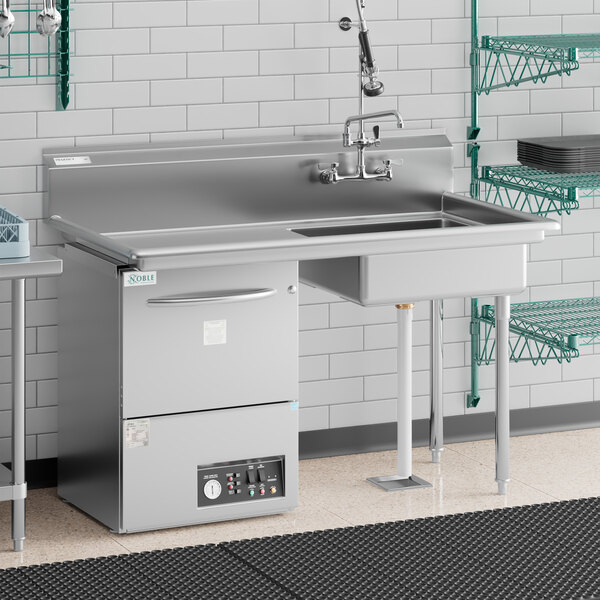 A Regency stainless steel undercounter dishtable with a sink, dishwasher, and shelf.