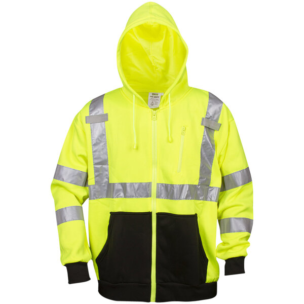 A lime Cordova hi-vis hooded sweatshirt with reflective stripes.