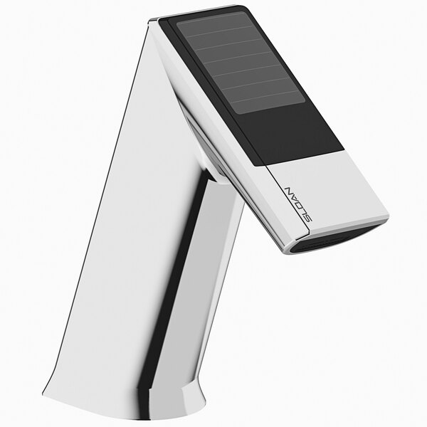 A silver Sloan solar powered hands-free faucet with a solar panel.