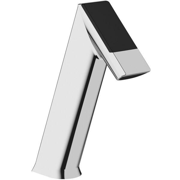 A Sloan polished chrome faucet with a black and silver side mixer.