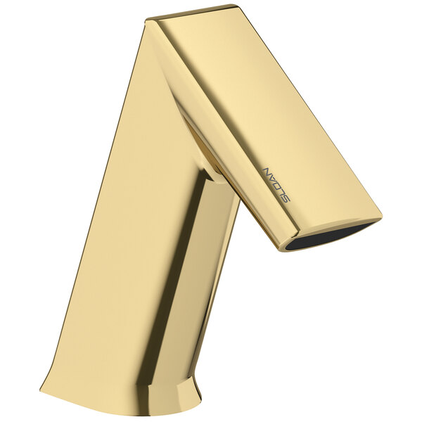 A Sloan polished brass deck mounted hands free faucet with a curved neck and side mixer.