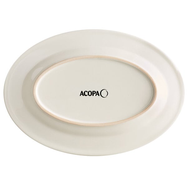 An ivory stoneware platter with a wide rim and rolled edge with black text reading "Acopa" on the bottom.