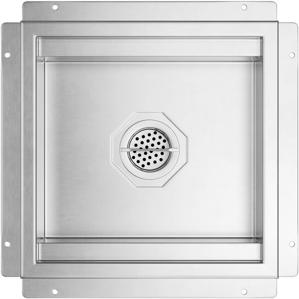 A stainless steel square floor sink with a drain.