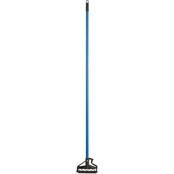 A blue metal mop handle with a quick release on a white background.