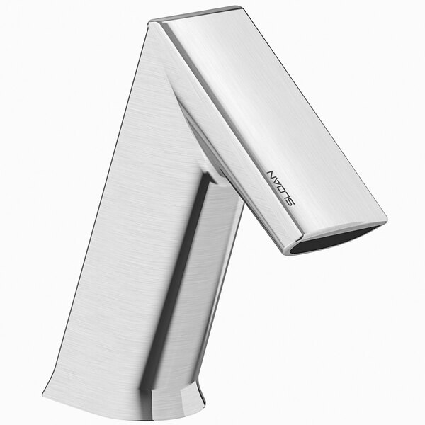 A Sloan polished chrome deck mounted sensor faucet with curved neck and side mixer.