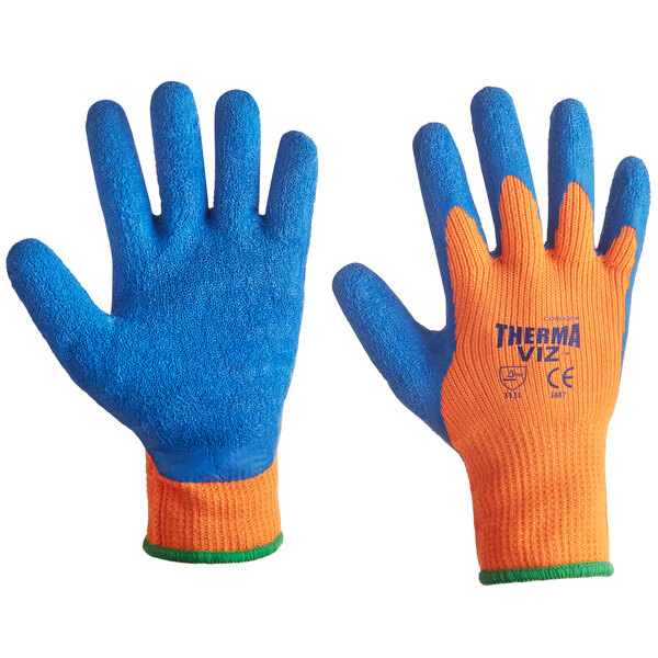A pair of Therma-Viz orange terry thermal gloves with blue crinkle latex palms.