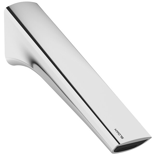 a silver faucet with a black hole