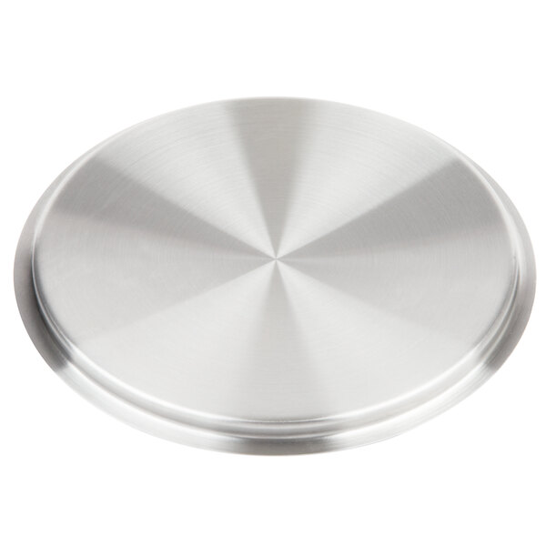 A silver Vollrath Optio pot cover with a circular pattern.