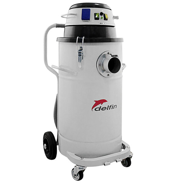 A white and black Delfin Industrial wet/dry vacuum on wheels.