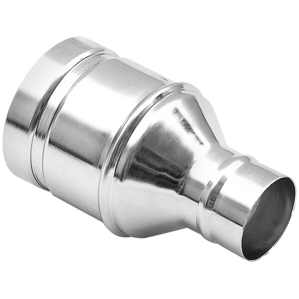 A silver stainless steel Delfin hose connector with one round and one oval opening.