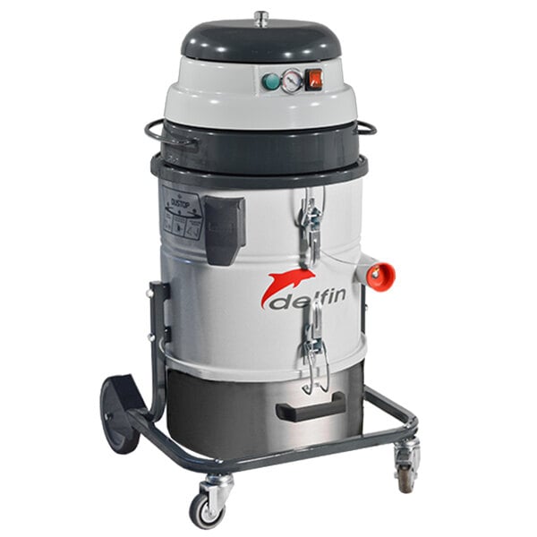 A Delfin Industrial Mistral 301 industrial vacuum cleaner with wheels and a handle, black and grey.