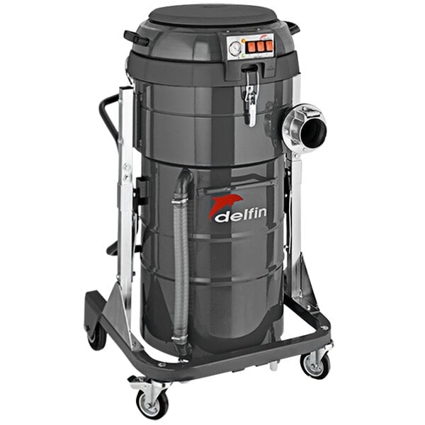 A black Delfin Industrial vacuum cleaner on wheels.