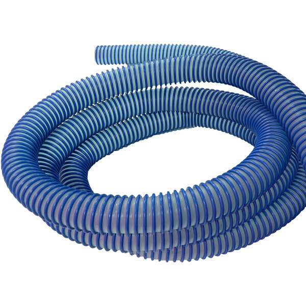 A blue plastic Delfin Industrial vacuum hose with white helix stripes.