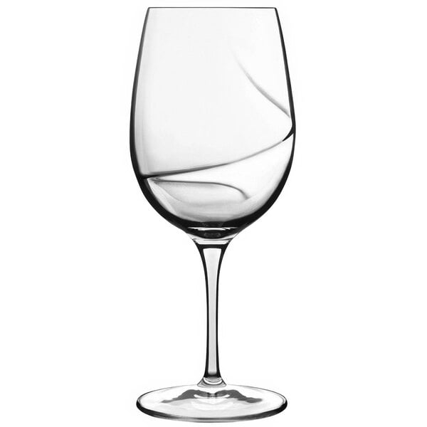A clear Luigi Bormioli Aero Grand Vini wine glass with a curved shape.